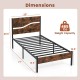 Twin metal bed frame with rustic wooden headboard, featuring durable slats and ample under-bed storage for space-saving.