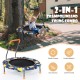 Convertible trampoline and swing combo with upholstered handrail, designed for kids aged 3+, perfect for indoor and.