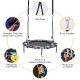 Convertible trampoline and swing set with upholstered handrail, featuring waterproof fabric and sturdy steel structure.