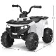 Kids electric ride-on ATV in white with headlights, music, and durable wear-resistant wheels for fun outdoor play.