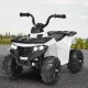Kids electric ride-on ATV in white with headlights, music, and durable wear-resistant wheels for outdoor fun.