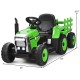 Green 12V ride-on tractor with detachable trailer, remote control, and safety features for kids aged 3+.