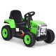 Close-up view of the wear-resistant wheels on the green 12V ride-on tractor, designed for stable outdoor driving fun.