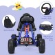 Blue 4 wheel pedal-powered ride-on with adjustable ergonomic seat, handbrake, and fully enclosed safety chain cover.