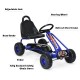 Blue pedal-powered ride-on go-kart with adjustable seat, handbrake, and anti-slip wheels for kids aged 3-6 years.