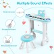 Kids electronic piano keyboard playset in blue with 37 keys, microphone, and multiple sound effects for musical fun.