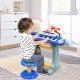 Child playing the 37 Key Electronic Keyboard Kids Toy Piano in blue, featuring a detachable microphone and stool.
