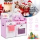 Kids wooden kitchen toy playset in pink with strawberry design, featuring working knobs and ample storage for cooking.