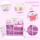 Kids wooden kitchen toy playset with strawberry design, featuring large storage space and realistic cooking details.