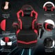 Ergonomic high back gaming chair in red with massage function, adjustable footrest, and cup holder for ultimate comfort.