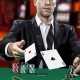 Close-up of a player holding two cards in a casino setting, featuring a 300-piece poker chip set for card games.