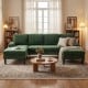 U-shaped sectional couch in green with dual chaise lounges, soft corduroy fabric, perfect for living room gatherings.