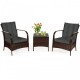 Two patio chairs with dark cushions and a glass table, part of a 6-piece rattan furniture set for outdoor relaxation.
