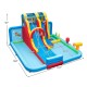 Inflatable water slide park with dimensions 163" x 157", featuring vibrant colors and safety netting for backyard fun.