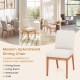 Beige upholstered dining chair with rubber wood legs, featuring a cushioned seat and curved backrest for comfort.
