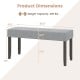 Gray upholstered entryway bench with padded seat dimensions, solid rubber wood legs, and 400 lbs weight capacity.