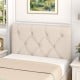 Beige upholstered headboard for twin size bed with button tufted design, adjustable height, and sturdy MDF frame.