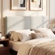 Upholstered headboard in beige linen fabric for queen/full size bed, featuring soft cushioning and adjustable mounting.