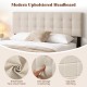 Beige upholstered headboard with quilted grid design, breathable faux linen fabric, and soft sponge cushioning for.