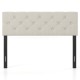 Tufted beige upholstered headboard for queen/full size bed, featuring solid plywood legs and adjustable width options.