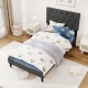 Twin size upholstered platform bed in gray with tufted headboard, featuring a padded surface and wooden slats for.