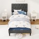 Twin size upholstered platform bed with tufted gray headboard and wooden slats, featuring a stylish design for modern.