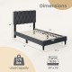 Twin size upholstered platform bed in gray with tufted headboard and wooden slats, supports up to 375 lbs.