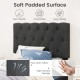 Tufted headboard of the gray upholstered platform bed, featuring faux linen fabric and high-density sponge for comfort.