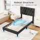 Upholstered platform bed in gray with tufted headboard, featuring 12 plywood slats and additional legs for support.