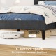 Upholstered platform bed in gray with 6" bottom space for easy floor cleaning and tufted headboard design.