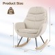 Beige upholstered rocking chair with padded backrest and seat, measuring 38" high, suitable for nurseries and living.