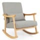Gray upholstered rocking chair with rubber wood frame and lumbar pillow, perfect for living room or bedroom relaxation.