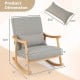 Upholstered rocking chair in gray with rubber wood frame, featuring a lumbar pillow, ideal for living room relaxation.