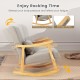Upholstered rocking chair with gray faux linen fabric, rubber wood frame, and lumbar pillow for comfortable leisure.