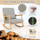 Upholstered rocking chair in gray with rubber wood frame, ergonomic design, and lumbar pillow for ultimate comfort.
