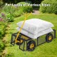Utility garden wagon with removable side panels, loaded with bags, ideal for transporting heavy items in the garden.