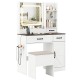 Vanity desk with lighted mirror, white finish, ample storage, and included stool for stylish makeup organization.