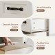 Close-up of padded seat cushion and metal handles on the white farmhouse vanity desk with smooth drawer slides.