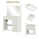 Vanity desk with lighted mirror, ample storage, and power outlets, designed for makeup application and convenience.
