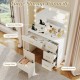 Vanity desk in white with large mirror, ample storage including a large drawer and 3 small drawers, and a stool.