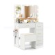 Vanity desk with lighted mirror, white finish, includes padded stool and ample storage for makeup and accessories.