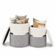 Stackable gray velvet/linen storage ottoman set of 2 with gold stainless steel ring, ideal for living room or bedroom.
