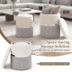 Stackable storage ottoman set of 2 in gray velvet and linen, versatile for seating and organization in any room.