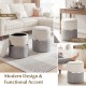Stackable gray velvet/linen storage ottoman set of 2, versatile for seating, footrest, or side table in any room.