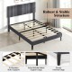 Full view of the velvet upholstered platform bed with adjustable headboard, featuring sturdy wooden slats and metal.