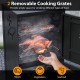 Vertical outdoor barbeque grill with two removable cooking grates for smoking meats, vegetables, and seafood.