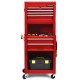 6-drawer red tool chest with heightening cabinet, portable design, and smooth-rolling casters for convenient tool.