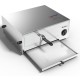 Stainless steel commercial pizza oven with removable crumb tray, cool touch handle, and built-in temperature control.