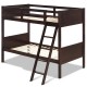 Twin size wooden bunk bed in brown with safety guardrails and a 4-step ladder, perfect for children's rooms or.