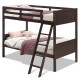 Twin size wooden bunk beds in brown with safety guardrails and a 4-step ladder, perfect for children's rooms.
